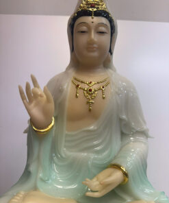 Alternative view of Tượng Quan Âm Bồ Tát Áo Xanh Bạc Hà Ngồi Tòa Sen Đế Mây Bột Đá 4 tấc (40cm)