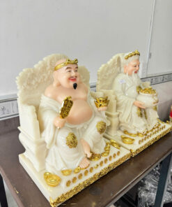 Tượng Thần Tài Ông Địa Trắng Ngọc Ôm Hũ Vàng Ngồi Ngai Rồng Bột Đá 12in (30cm) - Ảnh 3