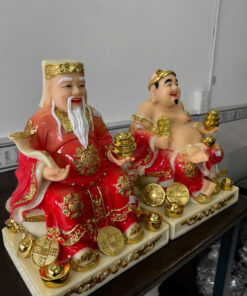 Tượng Thần Tài Ông Địa Áo Đỏ Chữ Phúc Đế Đồng Tiền Vàng Bột Đá 12in (30cm) - Ảnh 3