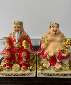 Tượng Thần Tài Ông Địa Áo Đỏ Chữ Phúc Đế Đồng Tiền Vàng Bột Đá 12in (30cm)