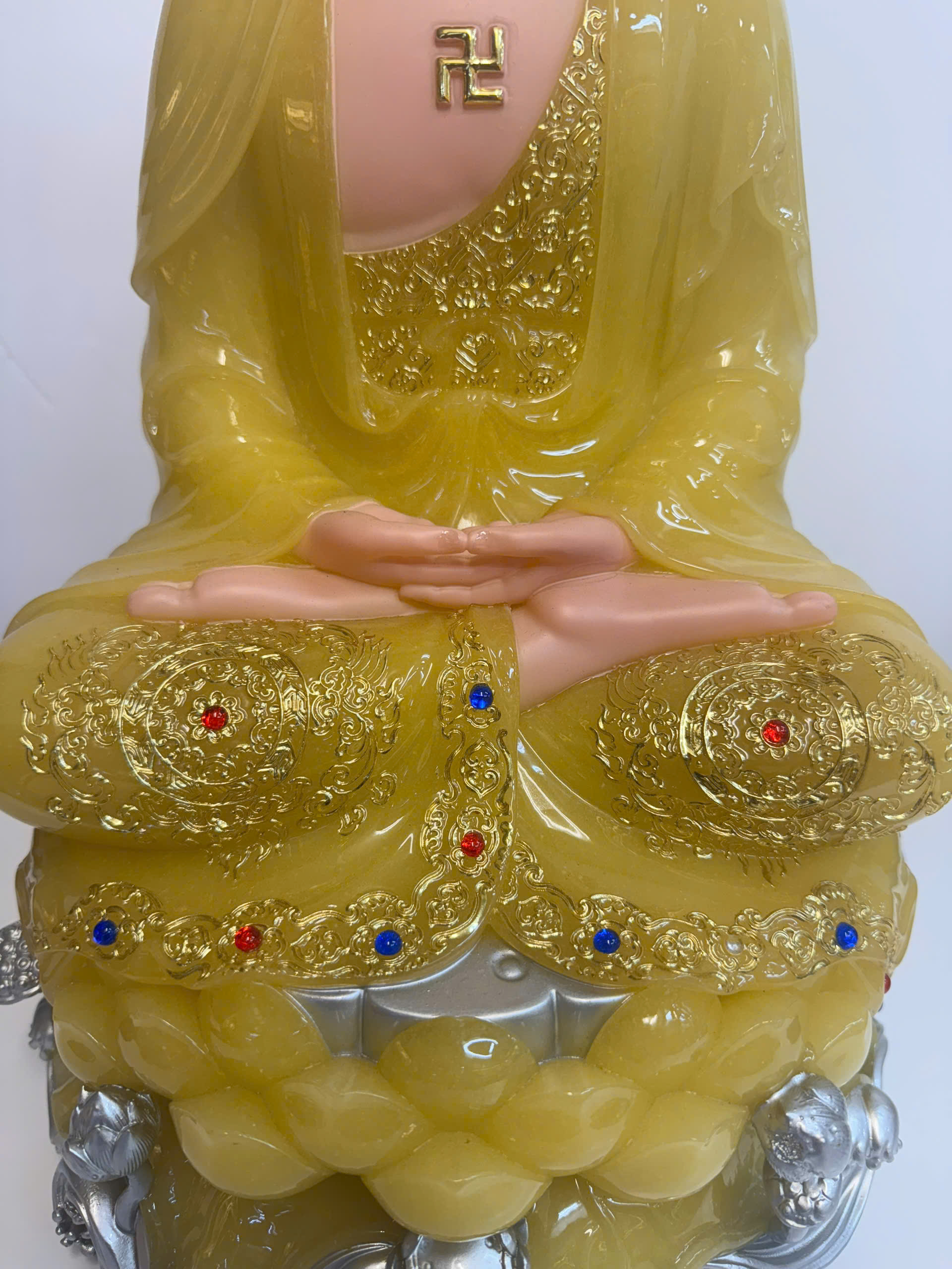 Quan Âm Bồ Tát Vàng Hoàng Ngọc Ngồi Tòa Sen Sóng Bạc Bột Đá 4 tấc (40cm) - Ảnh 7