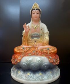 Tượng Quan Âm Bồ Tát áo cam ánh kim tòa sen bạc – góc nghiêng trái
