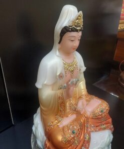 Tượng Quan Âm Bồ Tát áo cam ánh kim tòa sen bạc – toàn thân