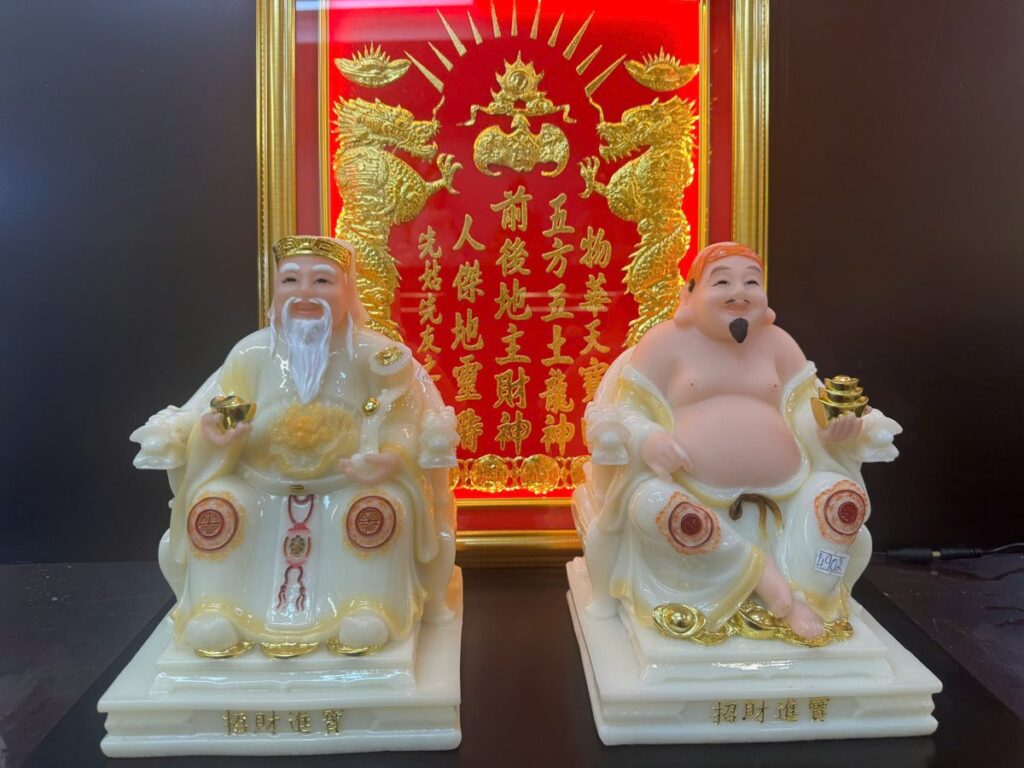Tượng Thần Tài Thổ Địa bột đá trắng ngà đế vuông